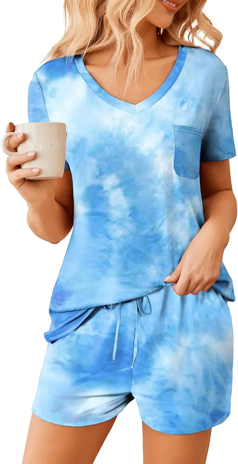 Ekouaer Womens Pajama Sets Short Sleeve Pajamas for Women Sets Soft Lounge Sets Casual V Neck Sleepwear PJS