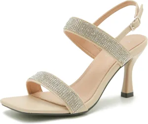 Enelauge Women's Strappy Square Toe Rhinestone Stiletto High Heeled Sandals Slingback Heels Summer Wedding Party Dress Shoes