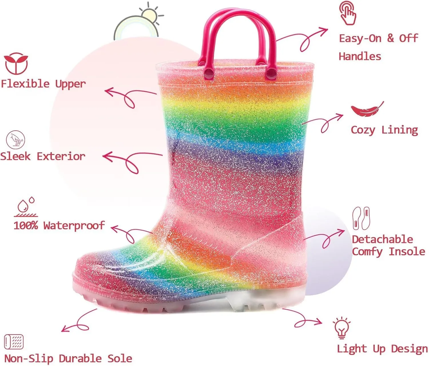 EUXTERPA Kids Toddler Light Up Rain Boots Boys Waterproof Patterns and Glitter Boots with Easy On Handles