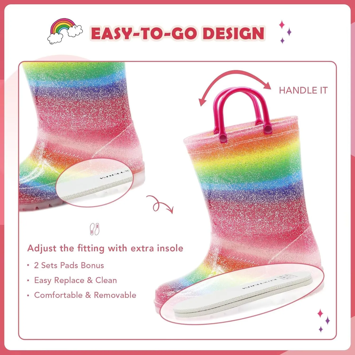 EUXTERPA Kids Toddler Light Up Rain Boots Boys Waterproof Patterns and Glitter Boots with Easy On Handles