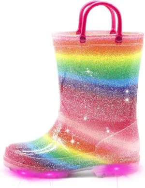 EUXTERPA Kids Toddler Light Up Rain Boots Boys Waterproof Patterns and Glitter Boots with Easy On Handles
