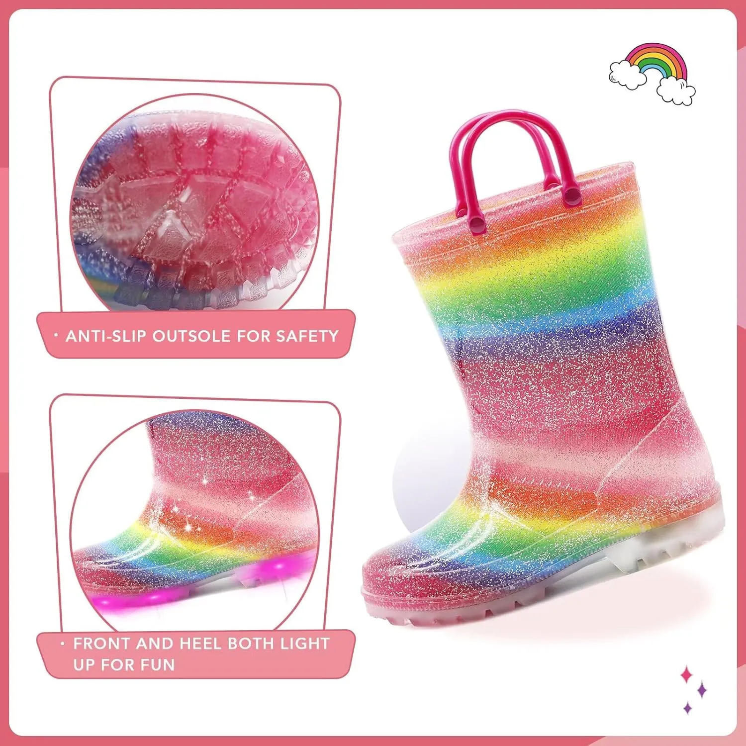 EUXTERPA Kids Toddler Light Up Rain Boots Boys Waterproof Patterns and Glitter Boots with Easy On Handles