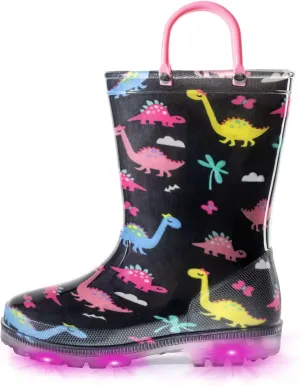 EUXTERPA Toddler Kids Waterproof Light Up Rain Boots Patterns and Glitter Boots with Handles for Boys