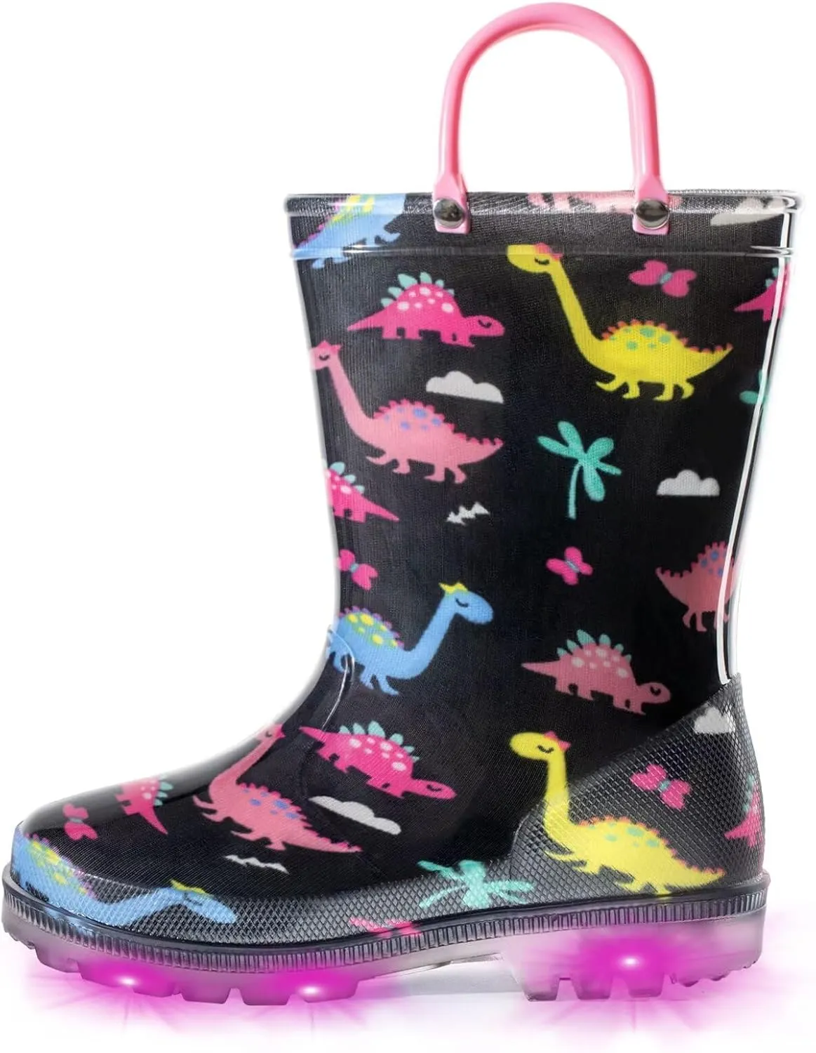 EUXTERPA Toddler Kids Waterproof Light Up Rain Boots Patterns and Glitter Boots with Handles for Boys