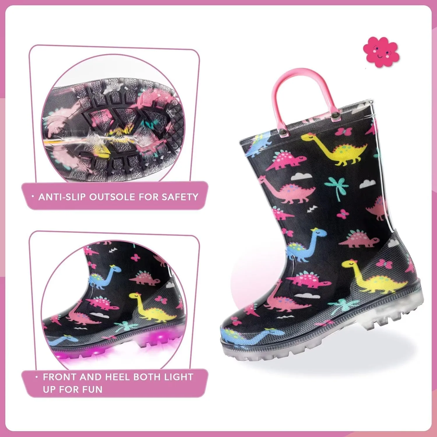 EUXTERPA Toddler Kids Waterproof Light Up Rain Boots Patterns and Glitter Boots with Handles for Boys