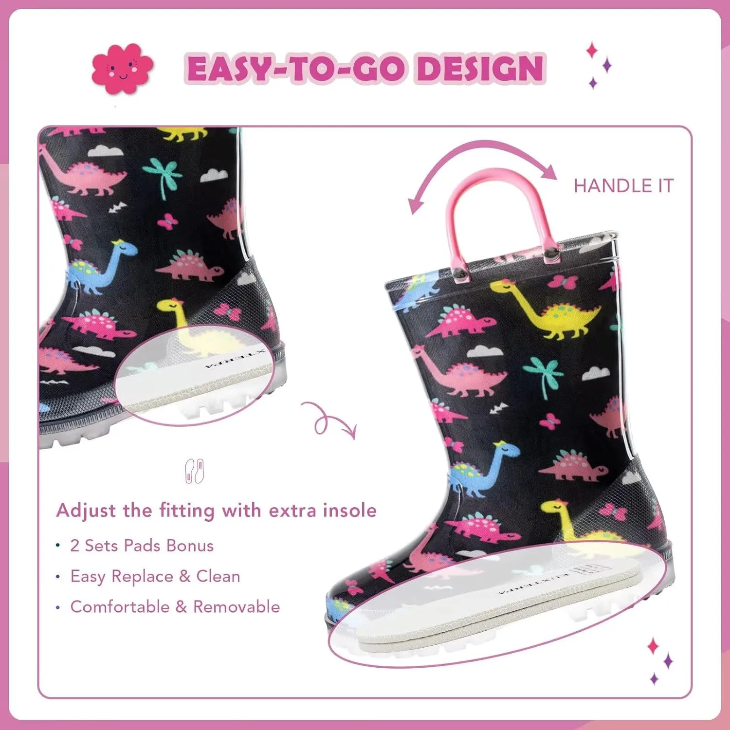 EUXTERPA Toddler Kids Waterproof Light Up Rain Boots Patterns and Glitter Boots with Handles for Boys