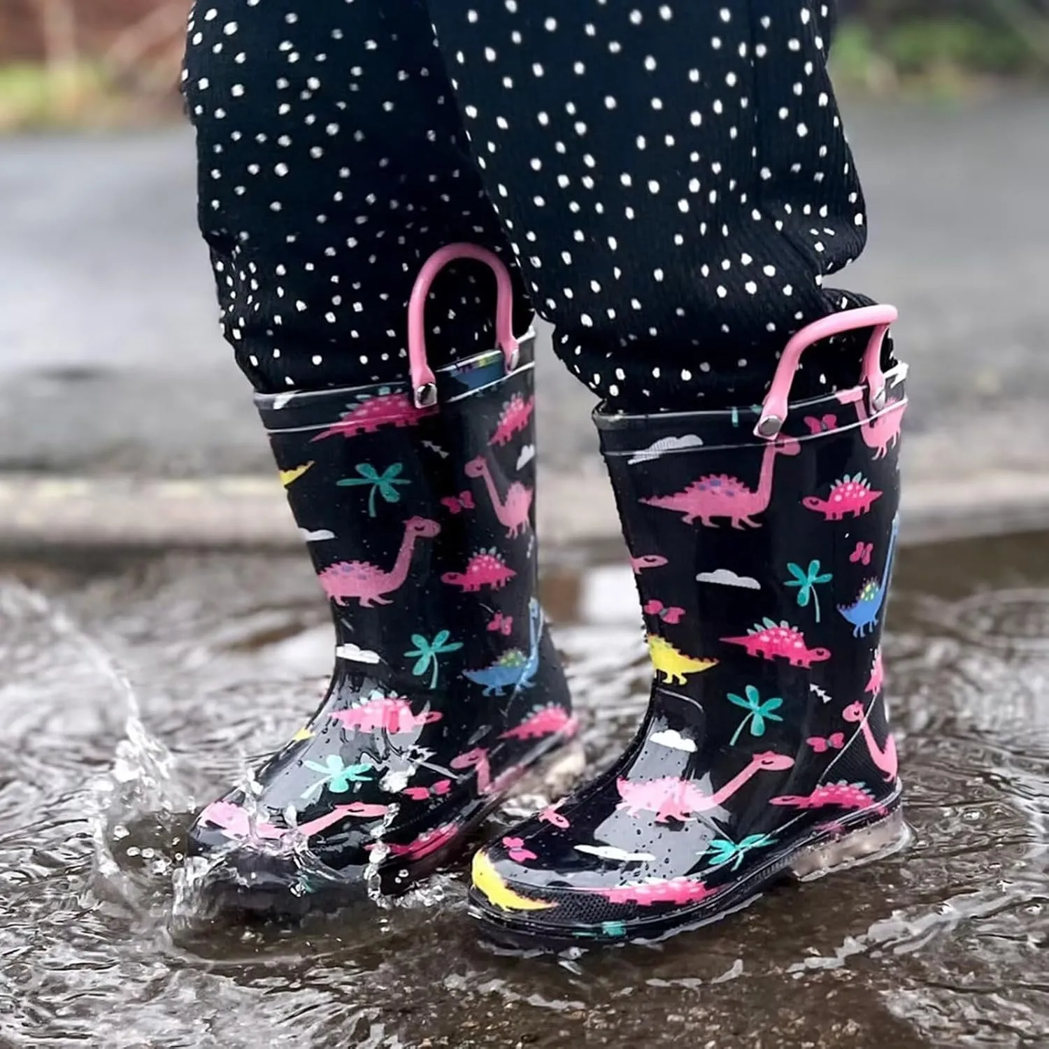 EUXTERPA Toddler Kids Waterproof Light Up Rain Boots Patterns and Glitter Boots with Handles for Boys