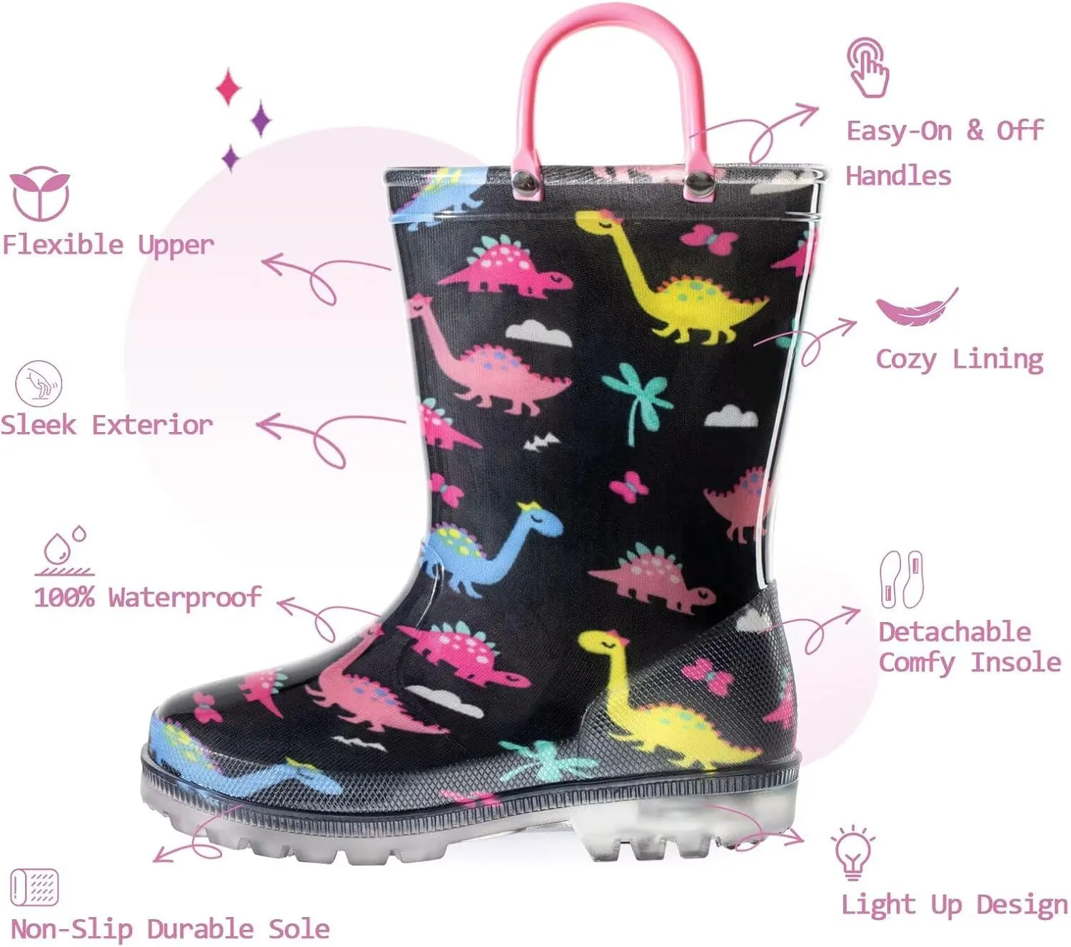 EUXTERPA Toddler Kids Waterproof Light Up Rain Boots Patterns and Glitter Boots with Handles for Boys