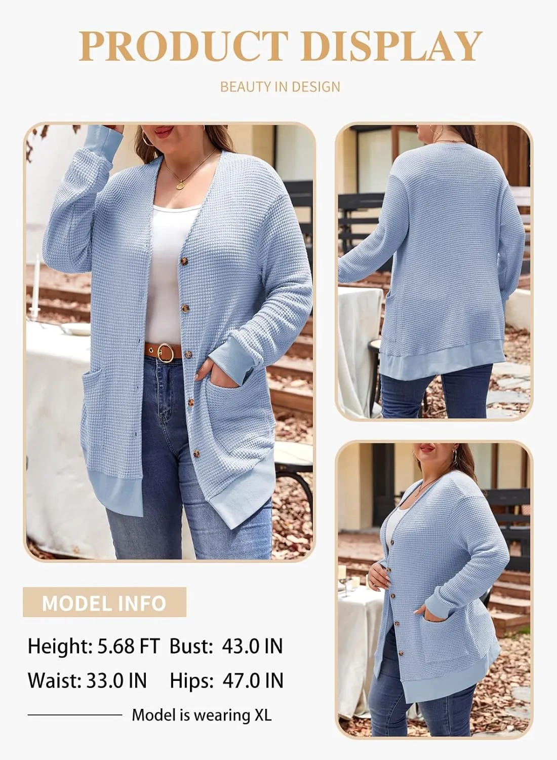 Eytino Womens Plus Size Cardigans Casual Long Sleeve Waffle Knit Front Button Tops(1X-5X)