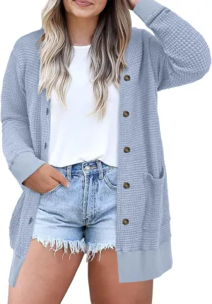 Eytino Womens Plus Size Cardigans Casual Long Sleeve Waffle Knit Front Button Tops(1X-5X)