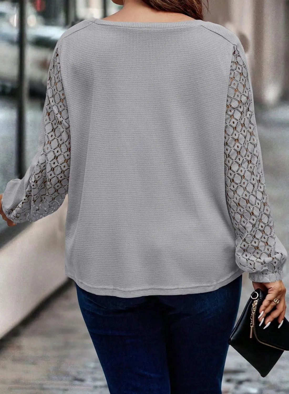 Eytino Womens Plus Size Tops Lace Long Sleeve Waffle T Shirts Casual Crewneck Tunic Tops(1X-5X)