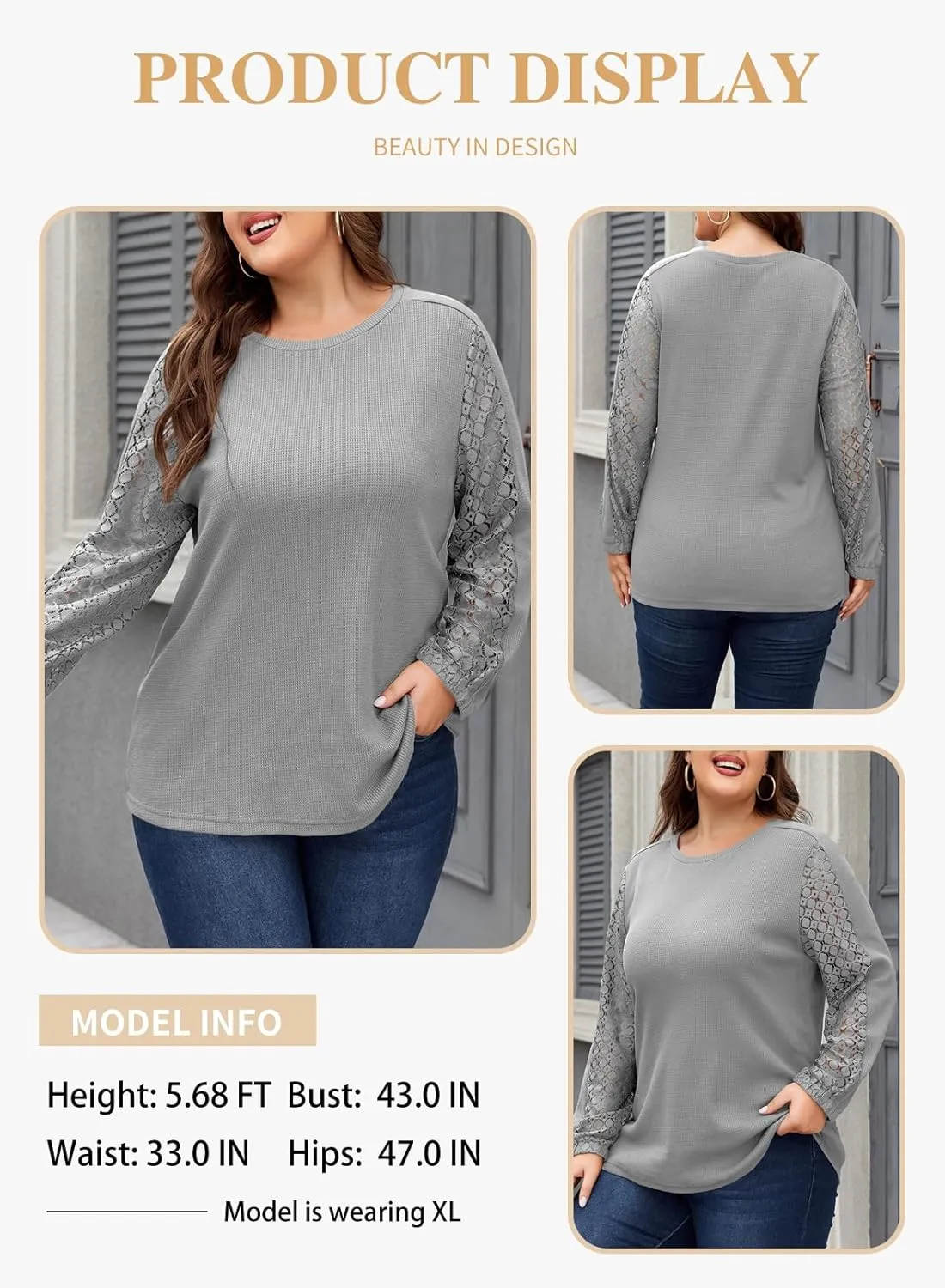 Eytino Womens Plus Size Tops Lace Long Sleeve Waffle T Shirts Casual Crewneck Tunic Tops(1X-5X)