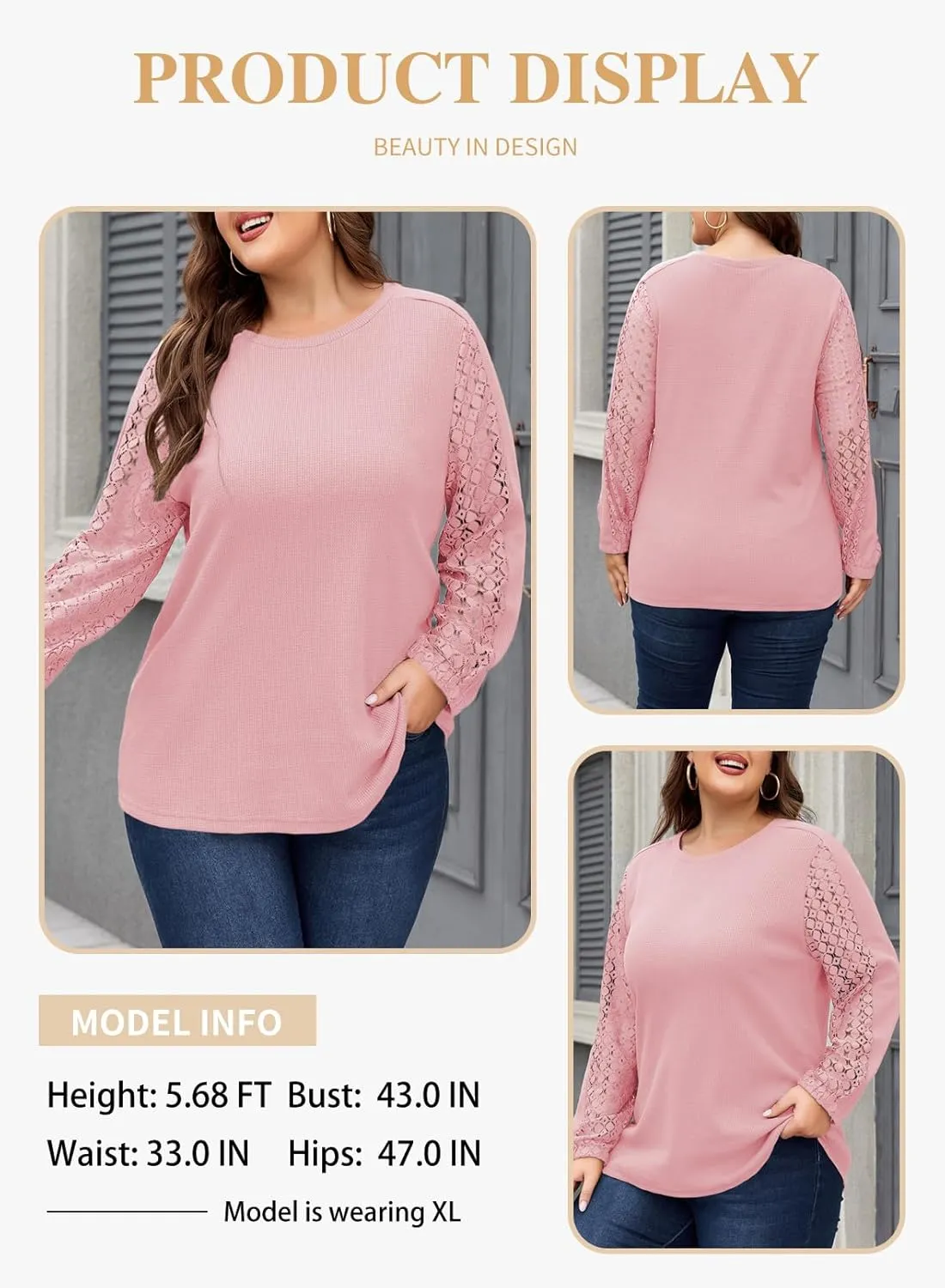 Eytino Womens Plus Size Tops Lace Long Sleeve Waffle T Shirts Casual Crewneck Tunic Tops(1X-5X)