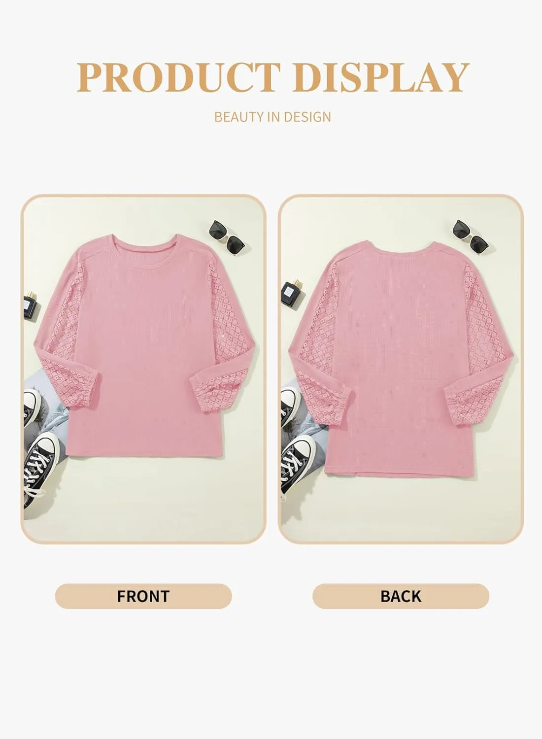 Eytino Womens Plus Size Tops Lace Long Sleeve Waffle T Shirts Casual Crewneck Tunic Tops(1X-5X)