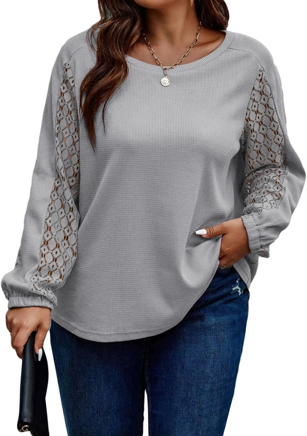 Eytino Womens Plus Size Tops Lace Long Sleeve Waffle T Shirts Casual Crewneck Tunic Tops(1X-5X)
