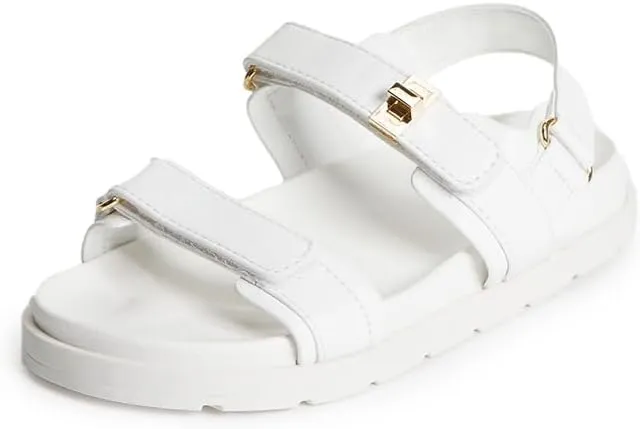 FabKids Girl's Flat Sandals Comfort Adjustable Double Strap Slip on Leather Footbed Sandals for Toddler Little Kid Big Kid