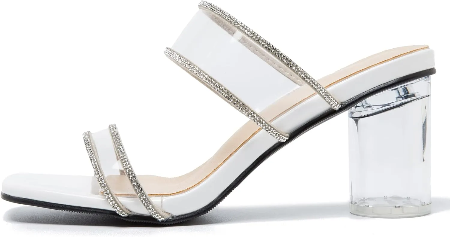 fereshte Women's Two Straps Clear Heels Slip On Square Toe Rhinestone Transparent Clear Block Heel Sandals