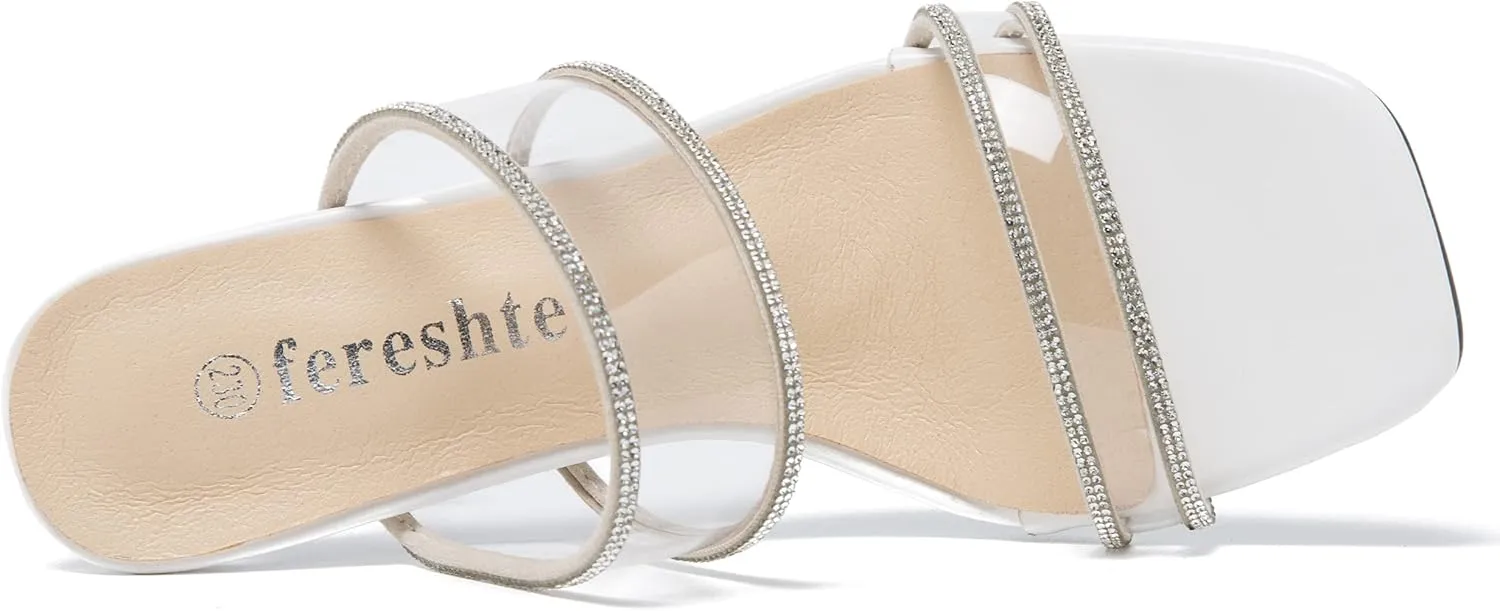 fereshte Women's Two Straps Clear Heels Slip On Square Toe Rhinestone Transparent Clear Block Heel Sandals