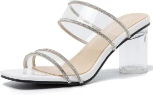 fereshte Women's Two Straps Clear Heels Slip On Square Toe Rhinestone Transparent Clear Block Heel Sandals