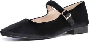 FEVERSOLE Women's Mary Jane Fashion Square Toe Easy Buckle Low Heel Slip On Flats