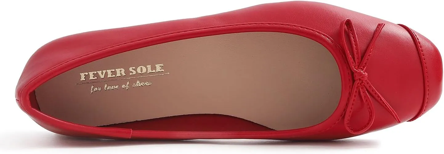 FEVERSOLE Women's Square Toe Fashion Bow Tie Dress Slip On Ballet Flats