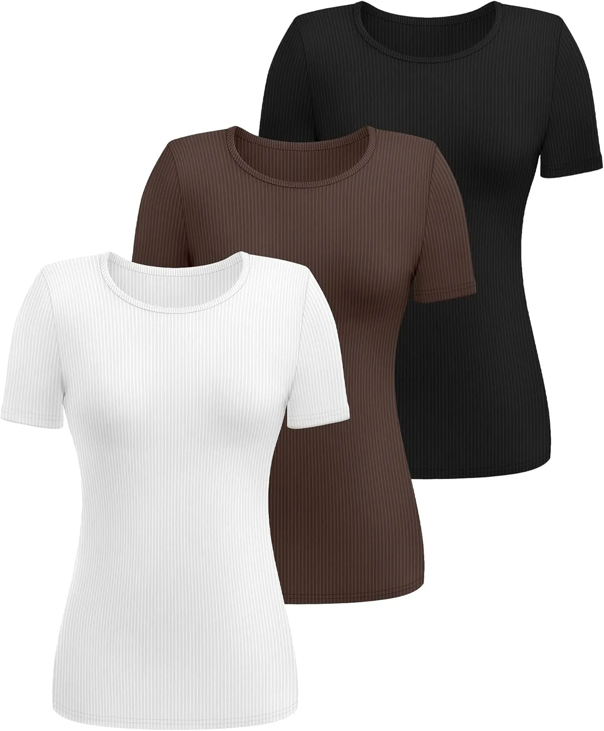 Ficerd 3 Pack Women's Ribbed T-Shirts, Cotton Short Sleeve Basic Tees Crewneck Fitted Tops Casual Shirts 2025 Summer Trendy