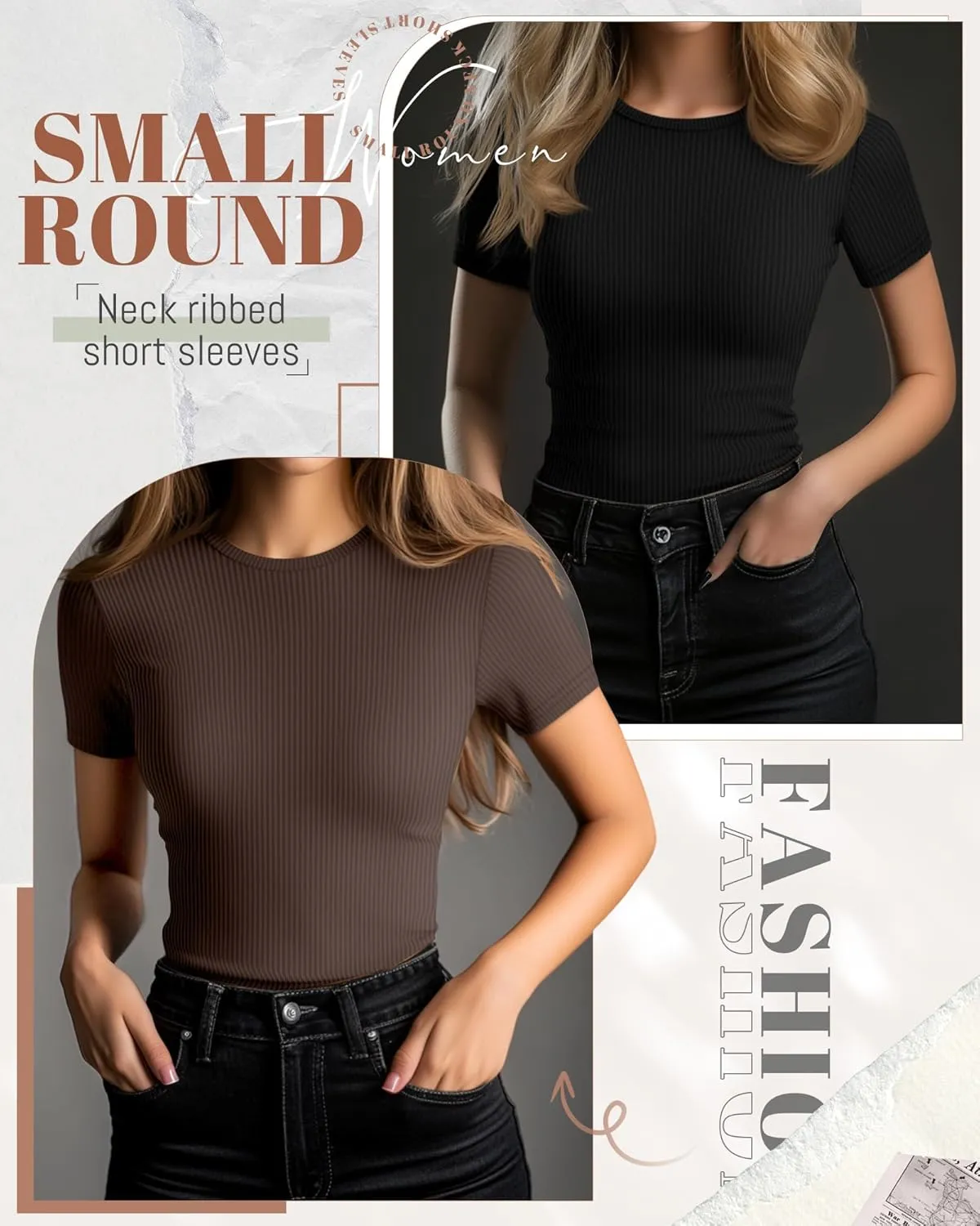 Ficerd 3 Pack Women's Ribbed T-Shirts, Cotton Short Sleeve Basic Tees Crewneck Fitted Tops Casual Shirts 2025 Summer Trendy