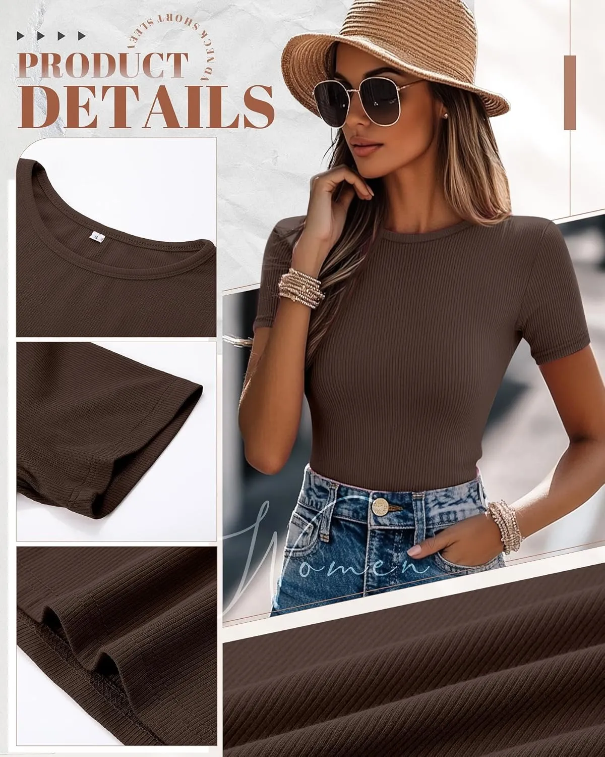 Ficerd 3 Pack Women's Ribbed T-Shirts, Cotton Short Sleeve Basic Tees Crewneck Fitted Tops Casual Shirts 2025 Summer Trendy