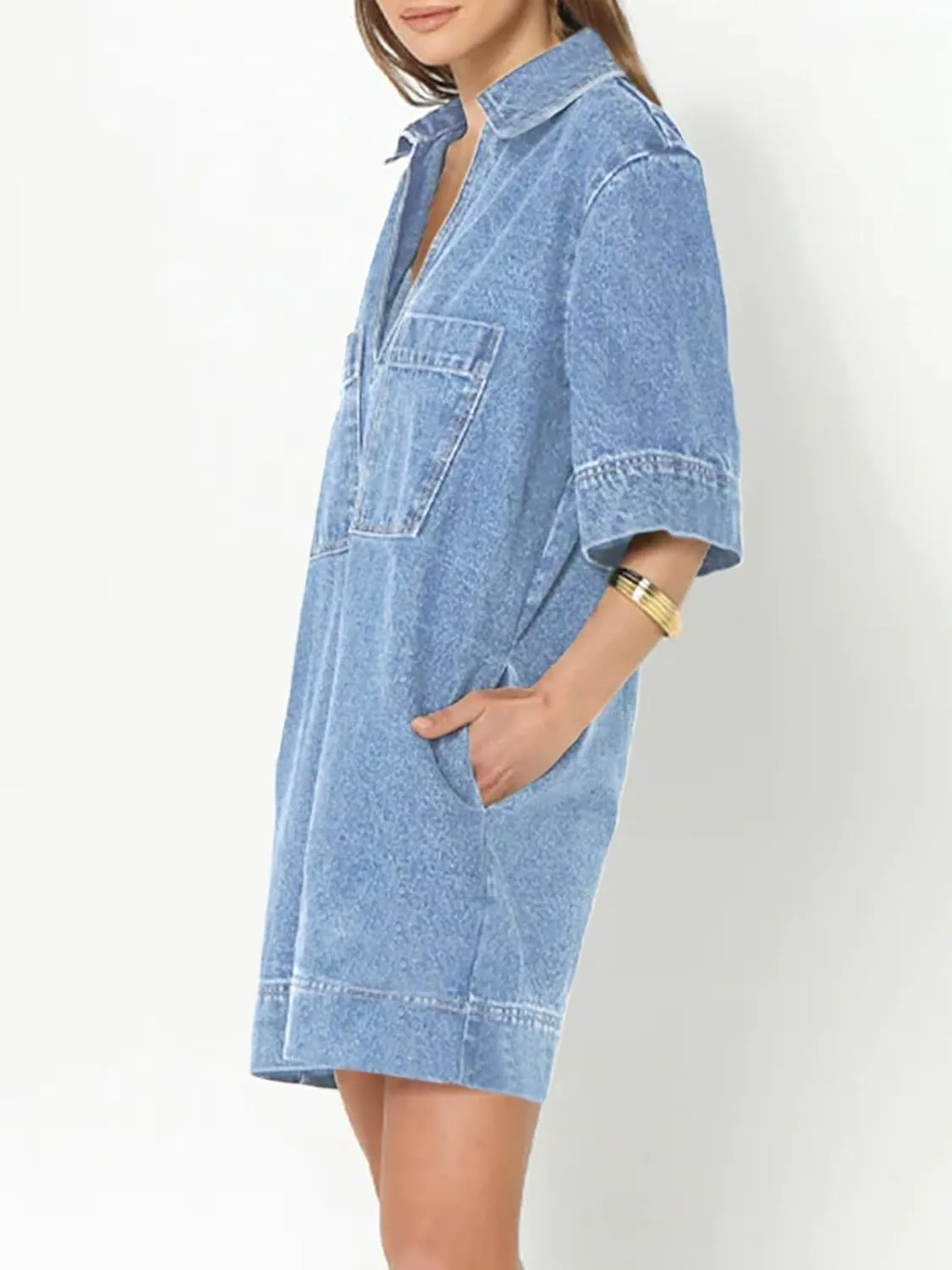 Fisoew Womens Denim Shirt Dress Summer Collared V Neck Mini Casual Jean Dresses with Pockets