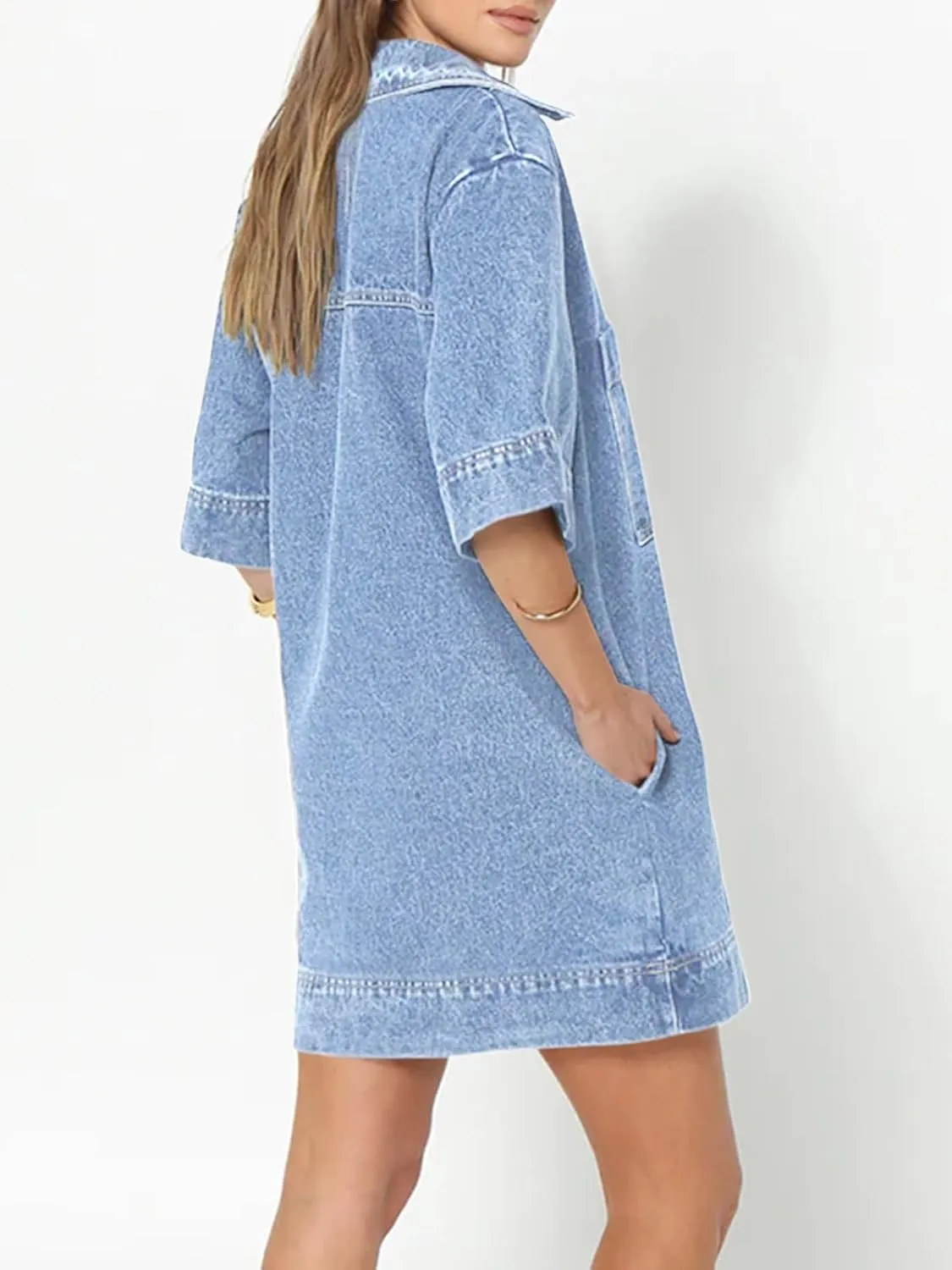 Fisoew Womens Denim Shirt Dress Summer Collared V Neck Mini Casual Jean Dresses with Pockets
