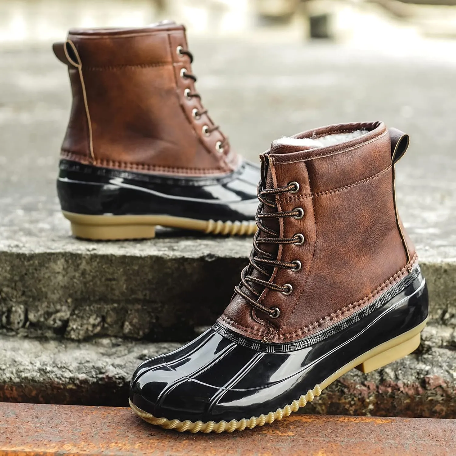 FLIOZY Women's Duck Boots Lace-Up Waterproof Snow Boots Mid-Calf Winter Boots Two Tone Rain Rubber Rain Boots