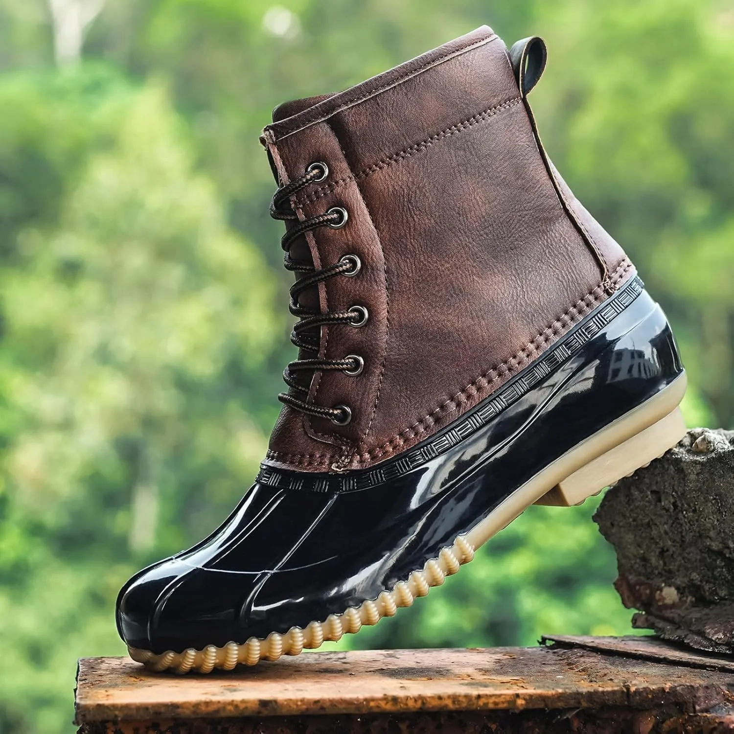 FLIOZY Women's Duck Boots Lace-Up Waterproof Snow Boots Mid-Calf Winter Boots Two Tone Rain Rubber Rain Boots