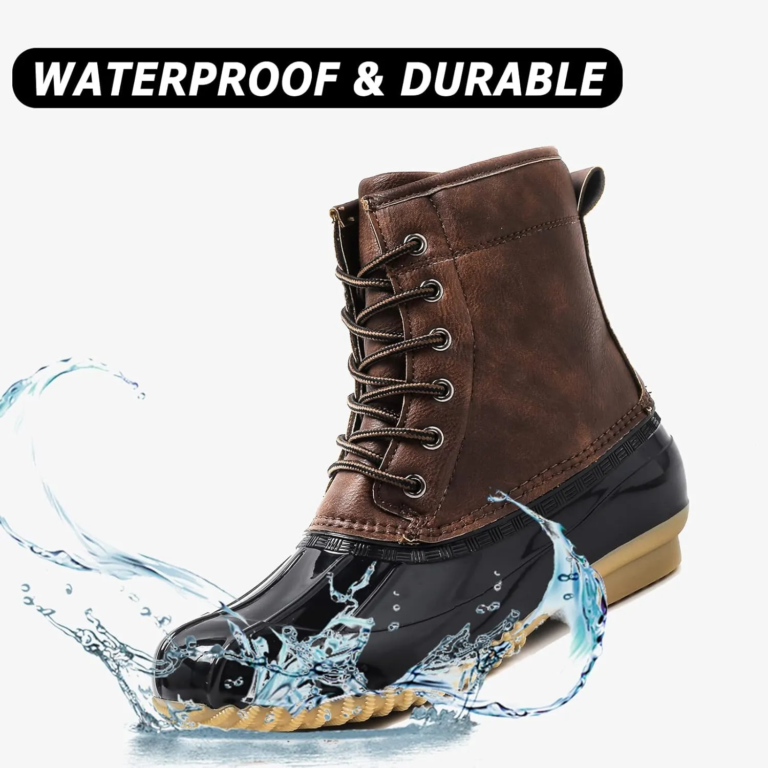 FLIOZY Women's Duck Boots Lace-Up Waterproof Snow Boots Mid-Calf Winter Boots Two Tone Rain Rubber Rain Boots