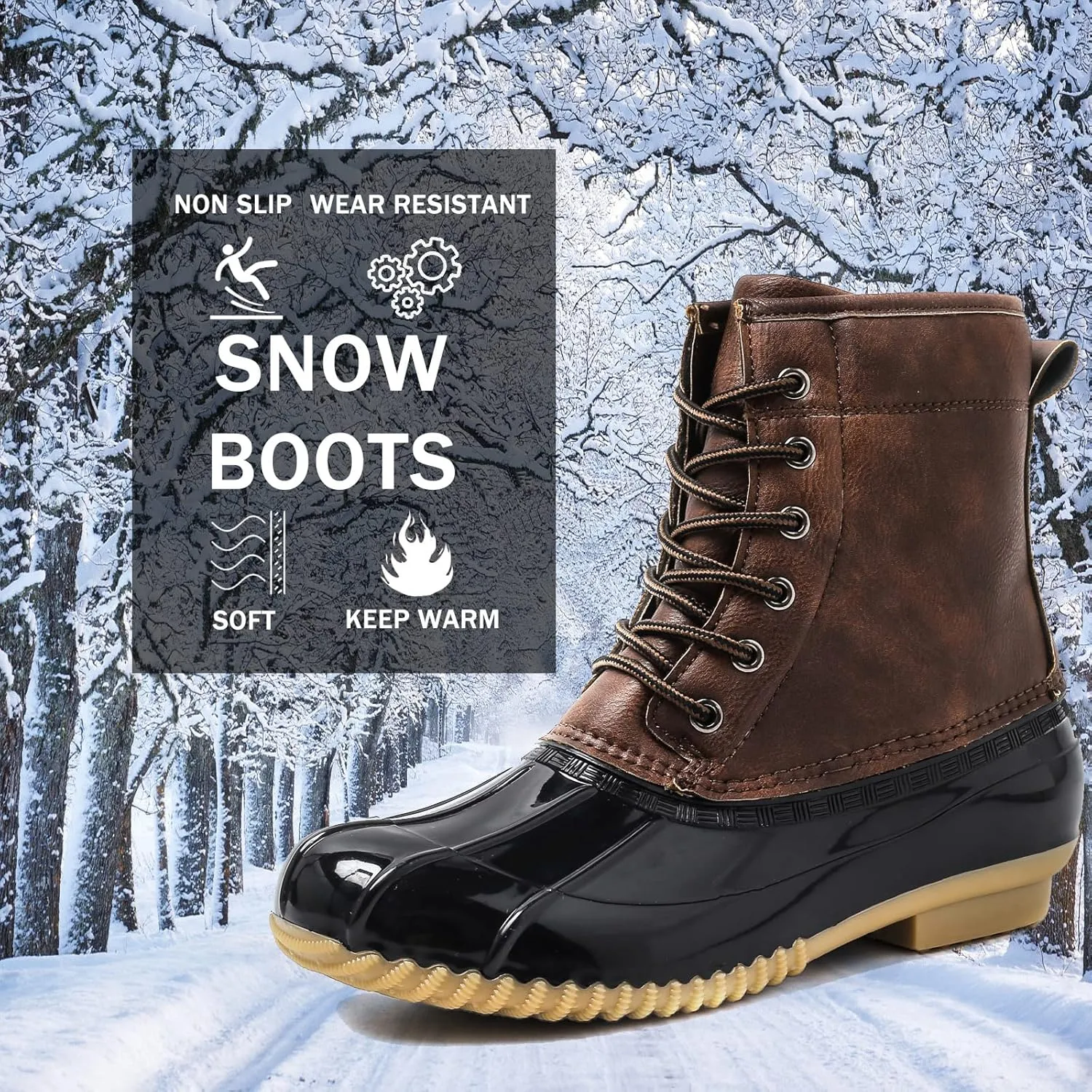 FLIOZY Women's Duck Boots Lace-Up Waterproof Snow Boots Mid-Calf Winter Boots Two Tone Rain Rubber Rain Boots