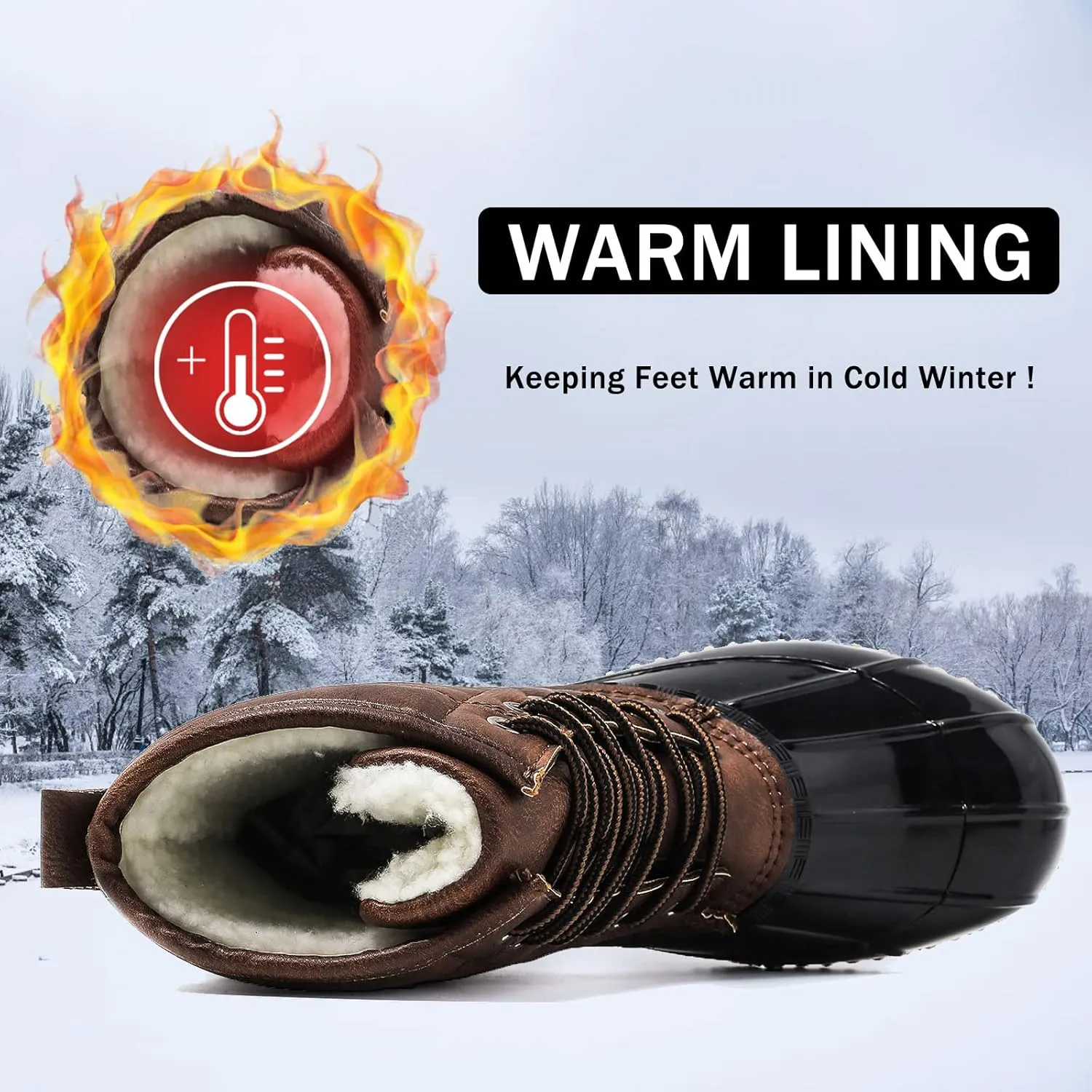 FLIOZY Women's Duck Boots Lace-Up Waterproof Snow Boots Mid-Calf Winter Boots Two Tone Rain Rubber Rain Boots