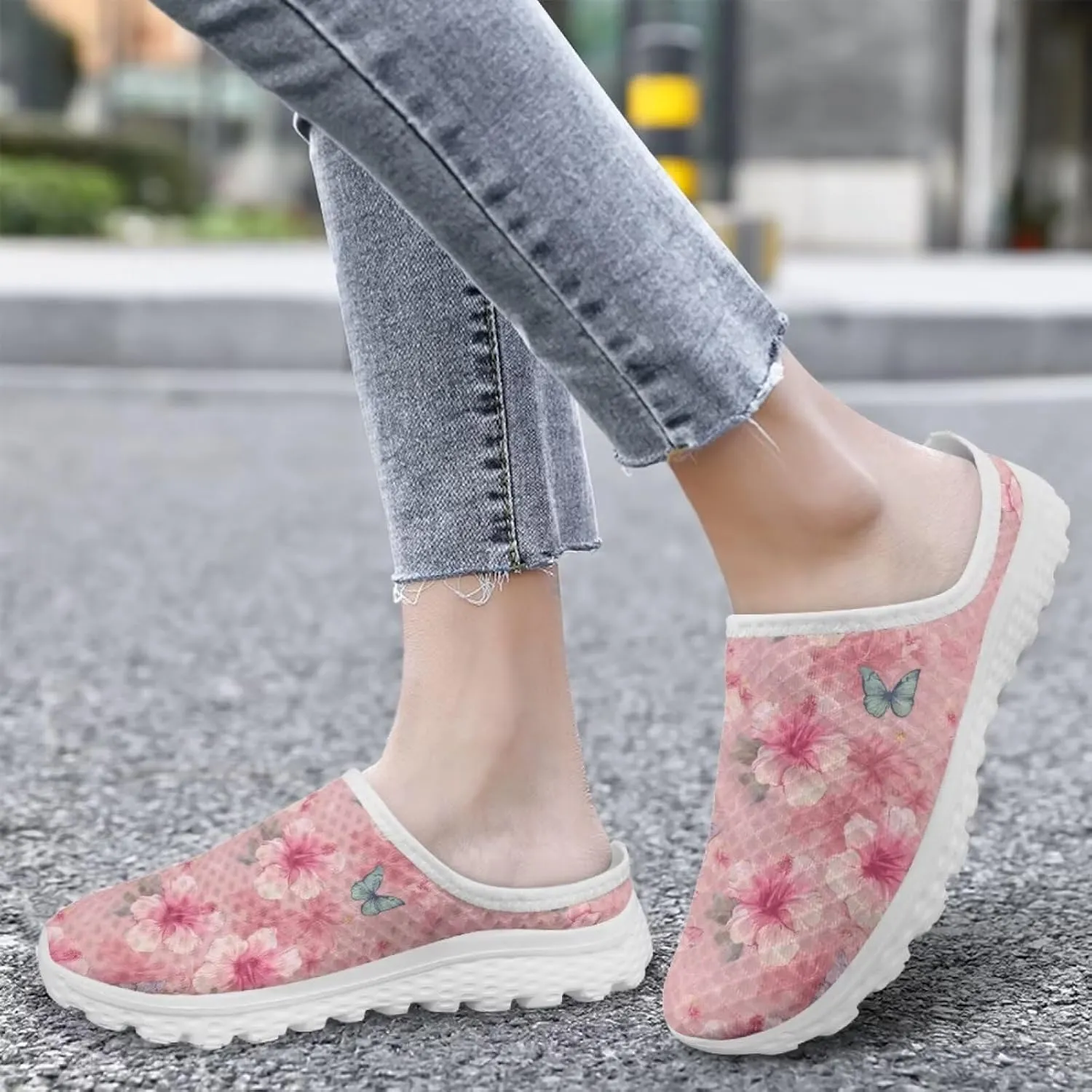 Floral Slip on Tennis Sneakers Women's Mule Shoes Business Work Outdoor Mesh Loafers for Travel Shopping Casual