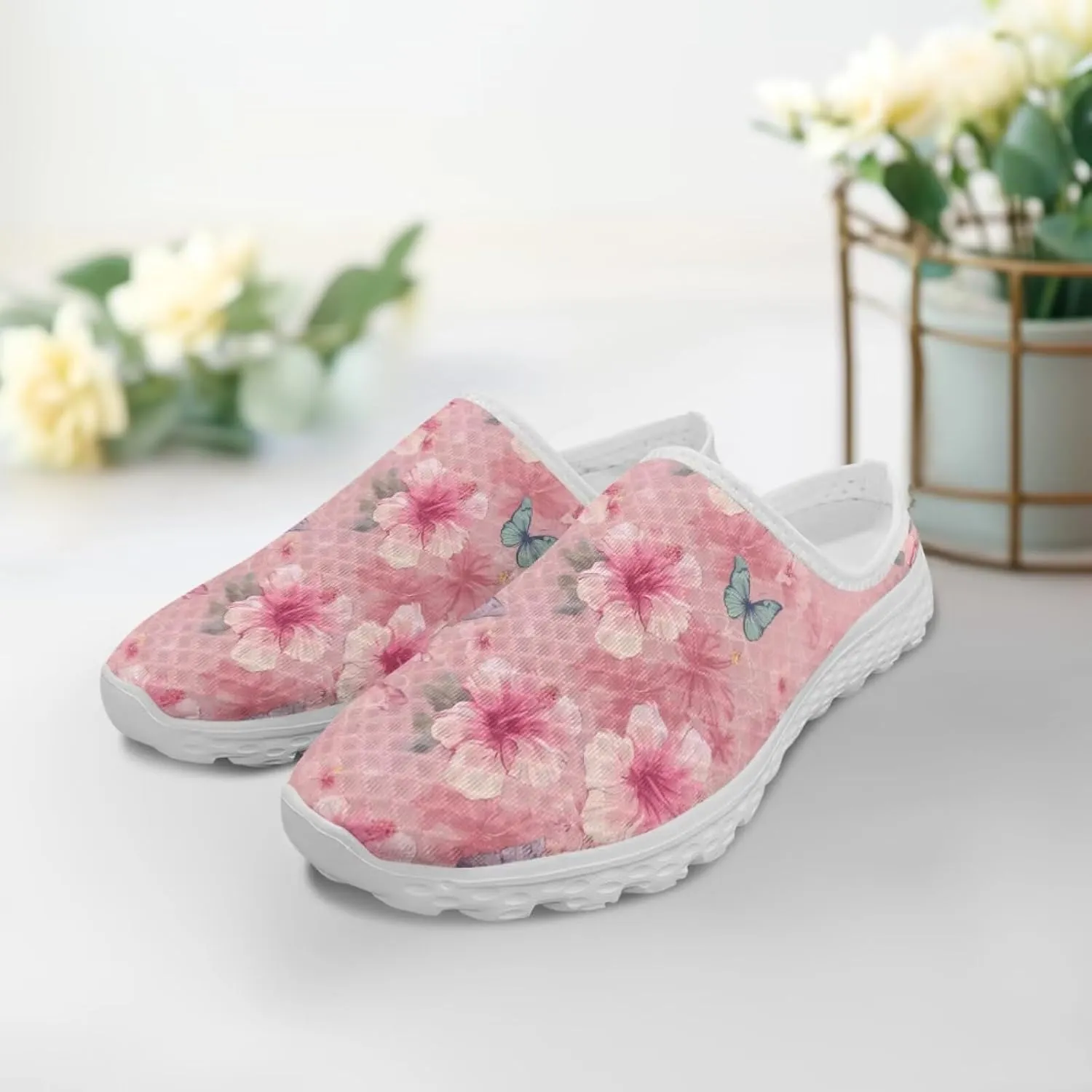 Floral Slip on Tennis Sneakers Women's Mule Shoes Business Work Outdoor Mesh Loafers for Travel Shopping Casual