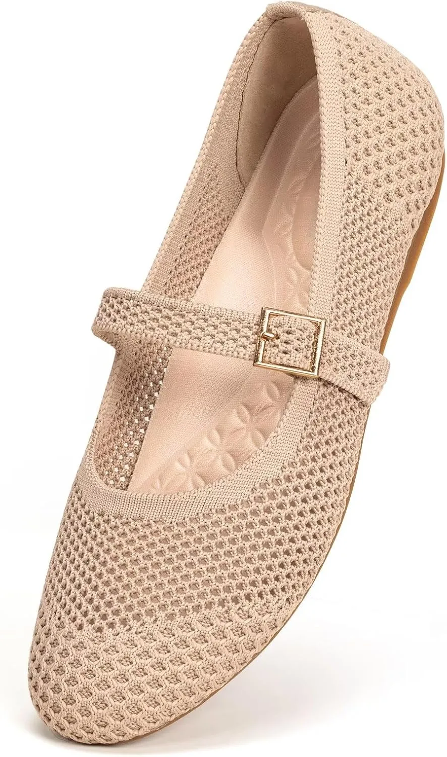 Frank Mully Women's Mary Jane Flats Comfortable Dressy Ballet Flats Casual Round Toe Slip On Washable Knitted Fabric Office Work Woman Shoes