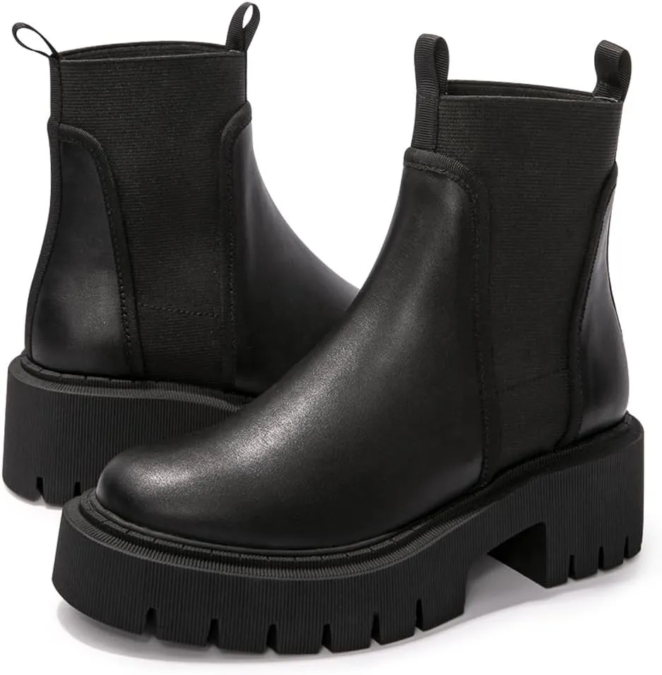 FUNKYMONKEY Women's Chelsea Boot Lug Sole Mid Heel Fashion Ankle Bootie