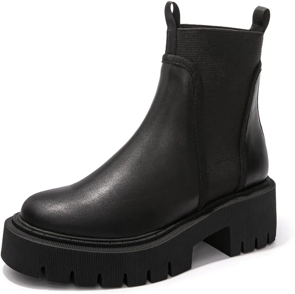 FUNKYMONKEY Women's Chelsea Boot Lug Sole Mid Heel Fashion Ankle Bootie