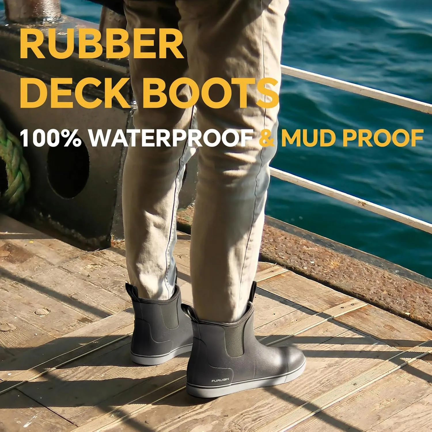 Furuian Men's Deck Boots Fishing Boots Waterproof Rain Boots Ankle Booties Slip On Neoprene Rubber Footwear Chelsea Boots Men botas para hombre for Gardening Fishing Boating Camping Sailing