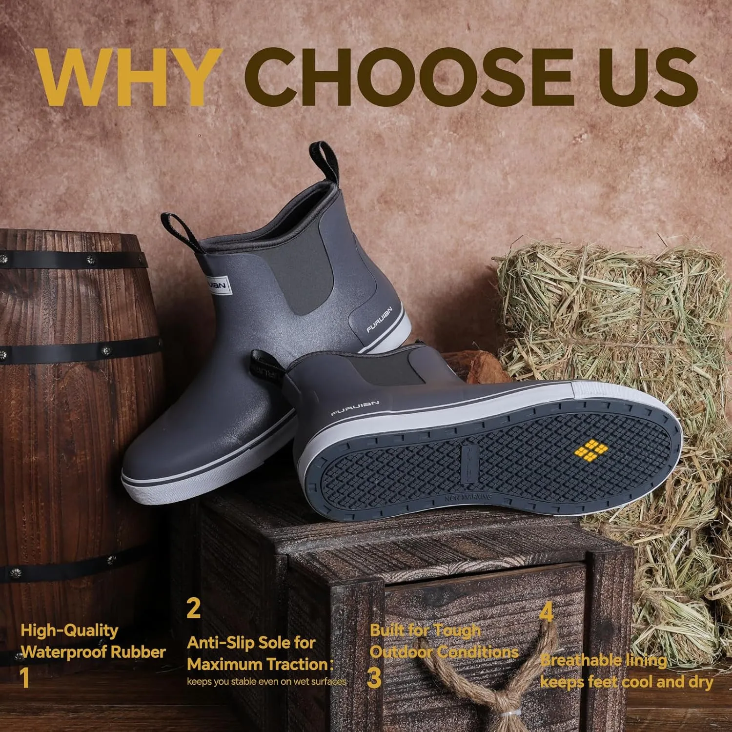 Furuian Men's Deck Boots Fishing Boots Waterproof Rain Boots Ankle Booties Slip On Neoprene Rubber Footwear Chelsea Boots Men botas para hombre for Gardening Fishing Boating Camping Sailing