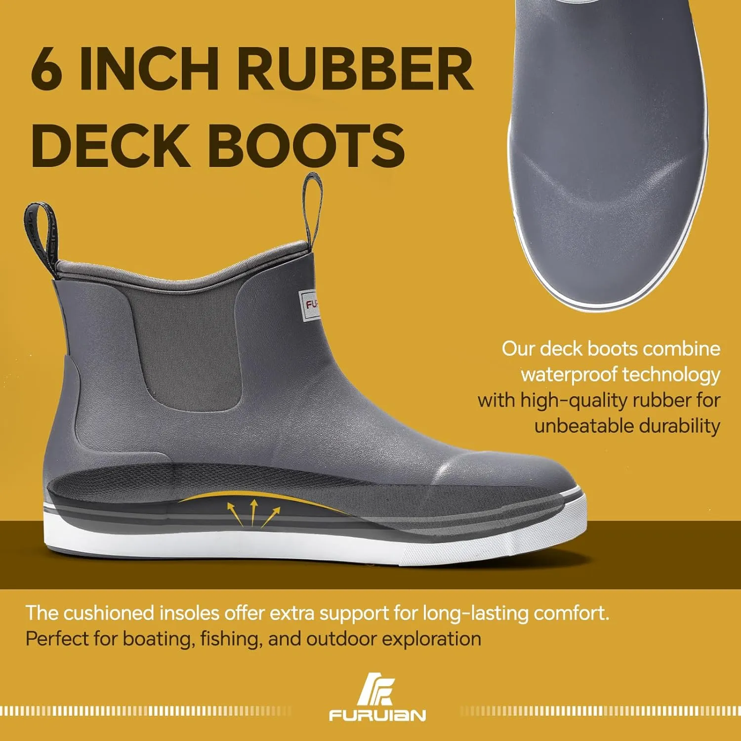 Furuian Men's Deck Boots Fishing Boots Waterproof Rain Boots Ankle Booties Slip On Neoprene Rubber Footwear Chelsea Boots Men botas para hombre for Gardening Fishing Boating Camping Sailing