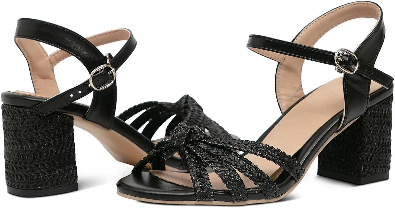 GATUXUS Women's Chunky High Heels Sandals Braided Crisscross Ankle Strappy Open Toe Summer Dress Shoes