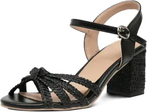 GATUXUS Women's Chunky High Heels Sandals Braided Crisscross Ankle Strappy Open Toe Summer Dress Shoes
