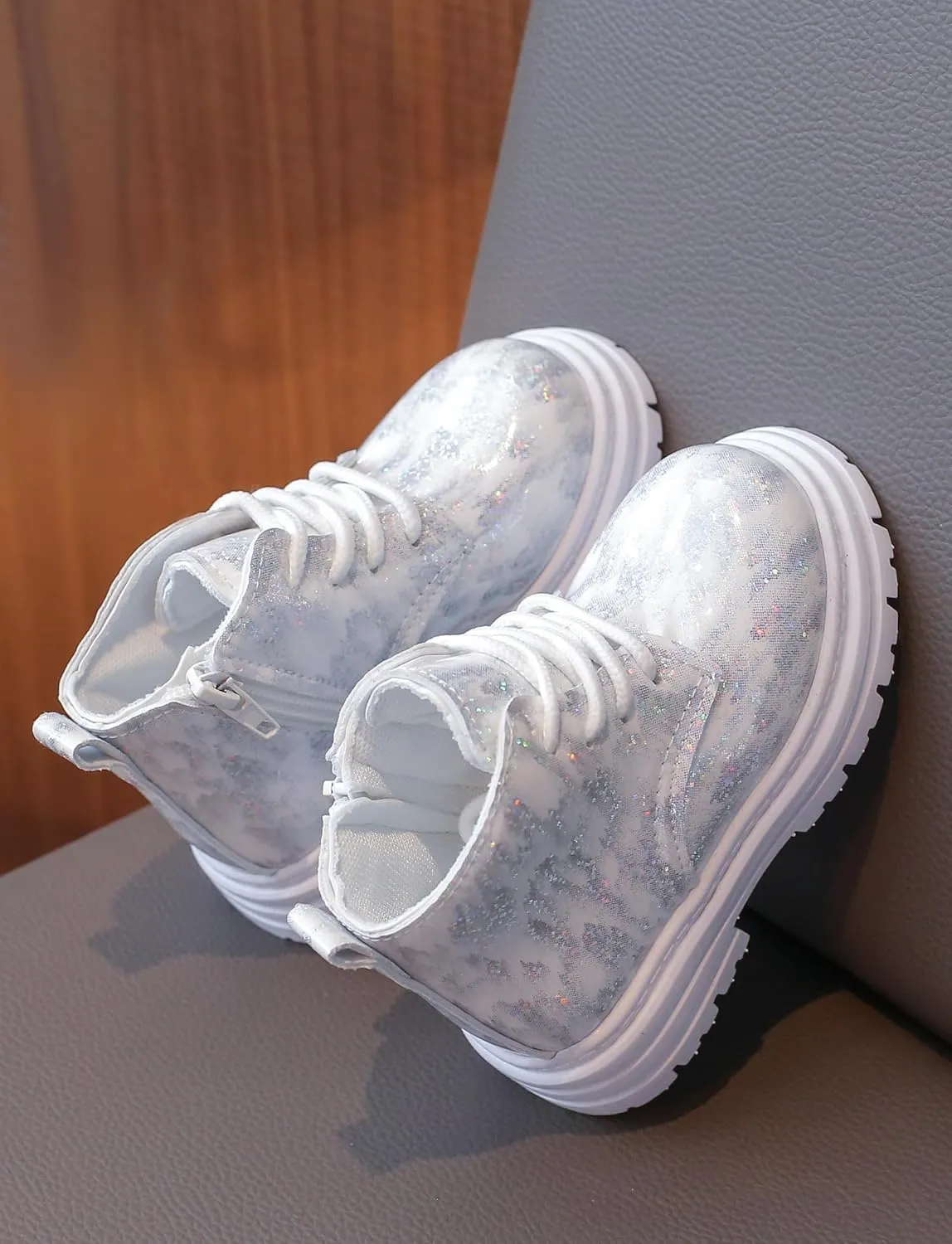Girls Boys Ankle Boots Waterproof Lace up Patent Boot with Side Zipper Non Slip Platform Leather Booties