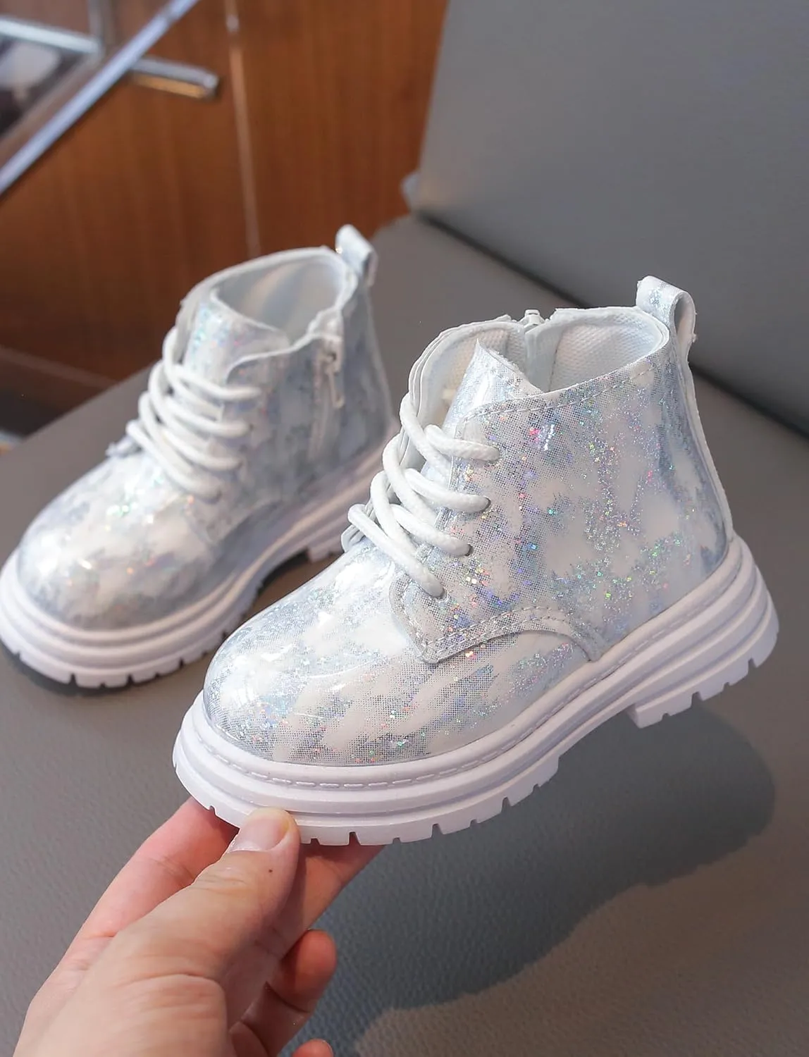 Girls Boys Ankle Boots Waterproof Lace up Patent Boot with Side Zipper Non Slip Platform Leather Booties