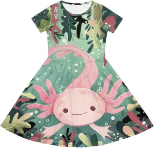 Girls Dresses Size 2-14 Kids Summer Short Sleeve Skater Dress Beach Midi Party Dresses