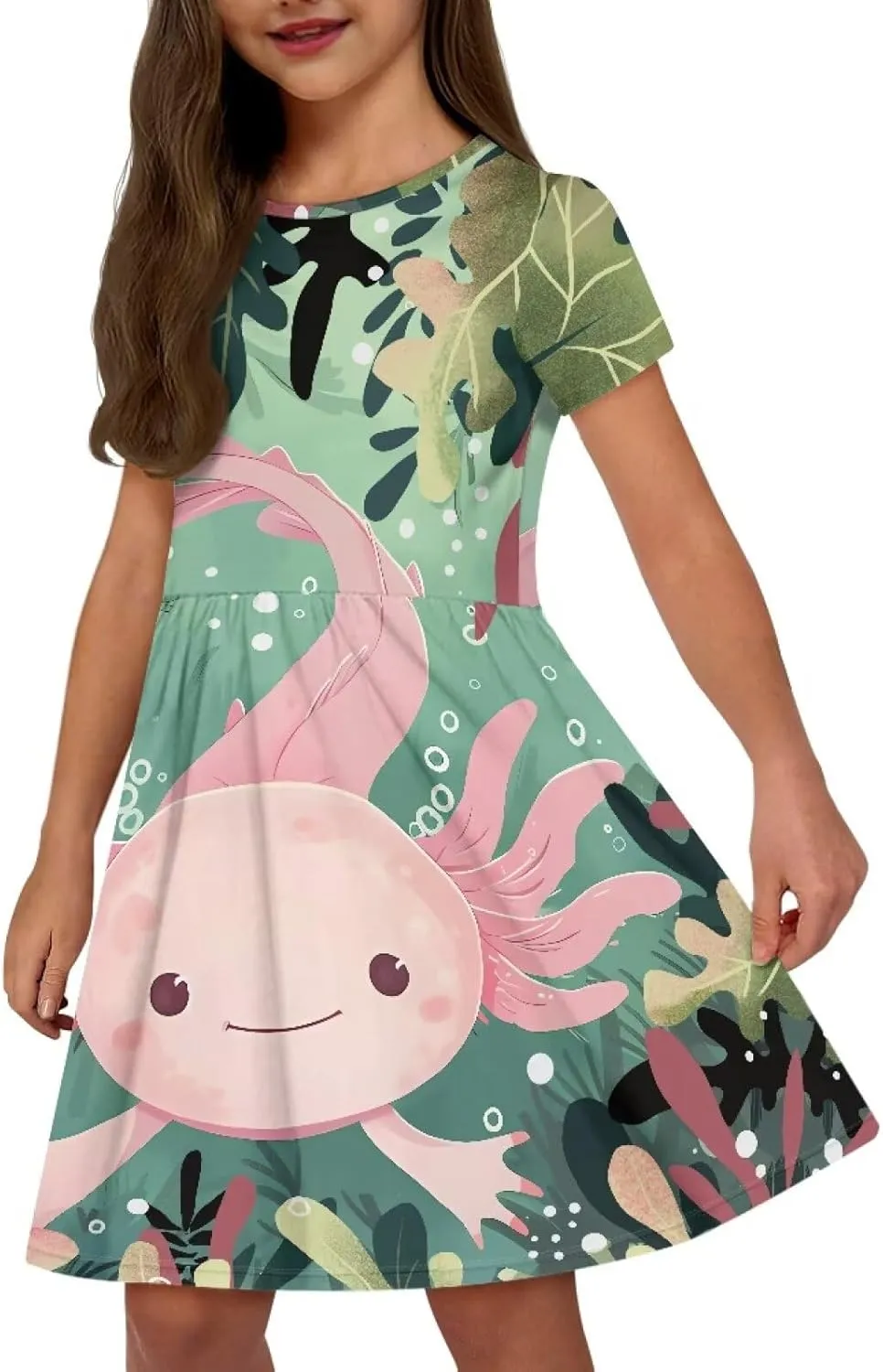 Girls Dresses Size 2-14 Kids Summer Short Sleeve Skater Dress Beach Midi Party Dresses