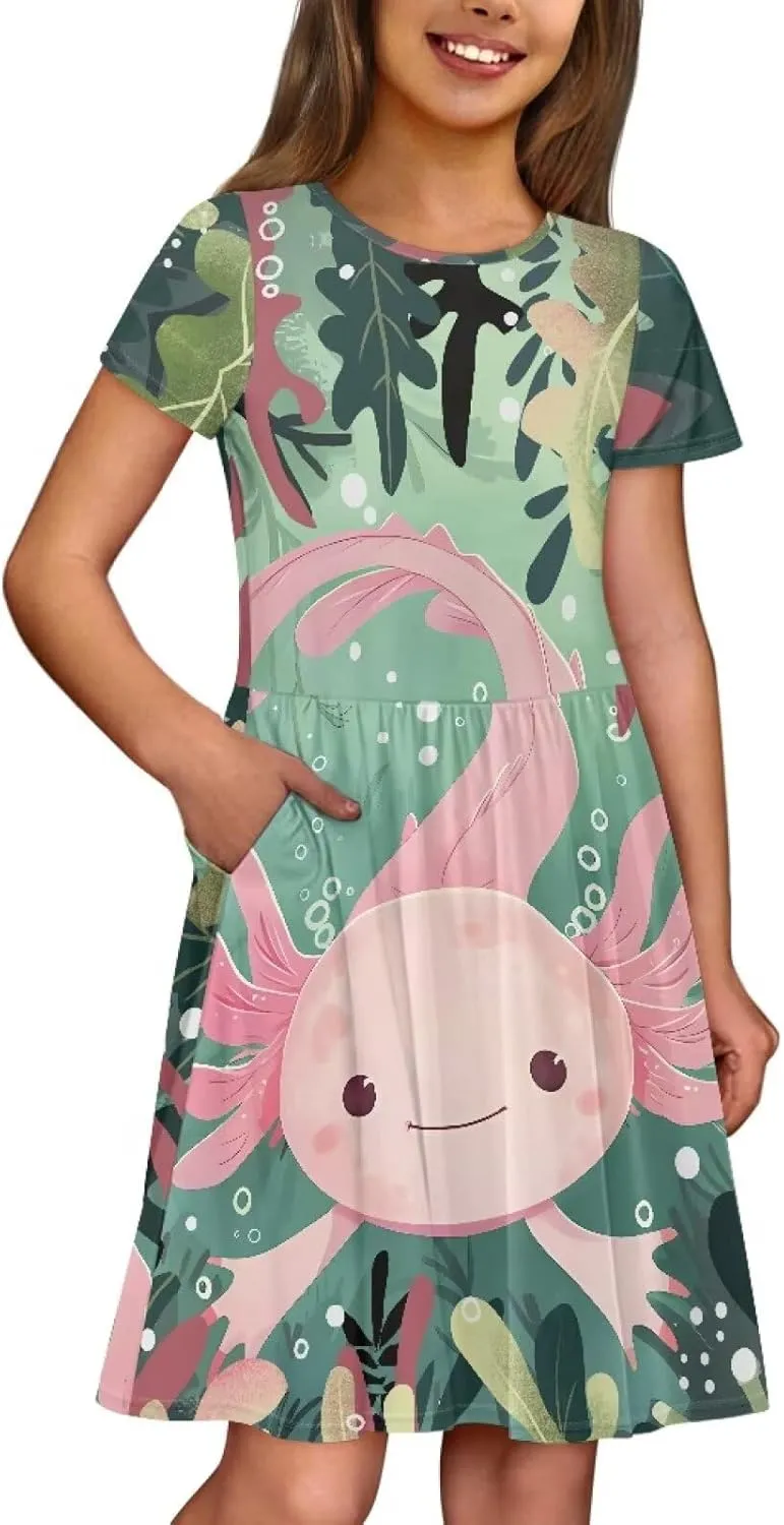 Girls Dresses Size 2-14 Kids Summer Short Sleeve Skater Dress Beach Midi Party Dresses